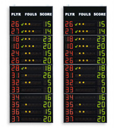 Tableros electr�nicos laterales que permiten visualizar el dorsal, las faltas/penalizaciones y los puntos de los 14 jugadores de los 2 equipos